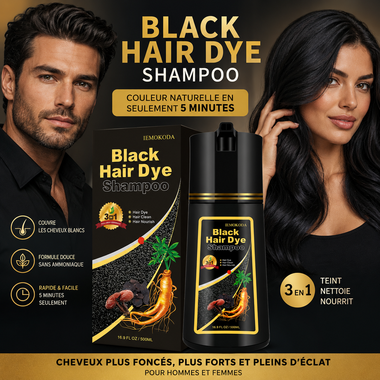 Black Hair Dye Shampoo pour Hommes et Femmes – Cheveux Noirs et Brillants